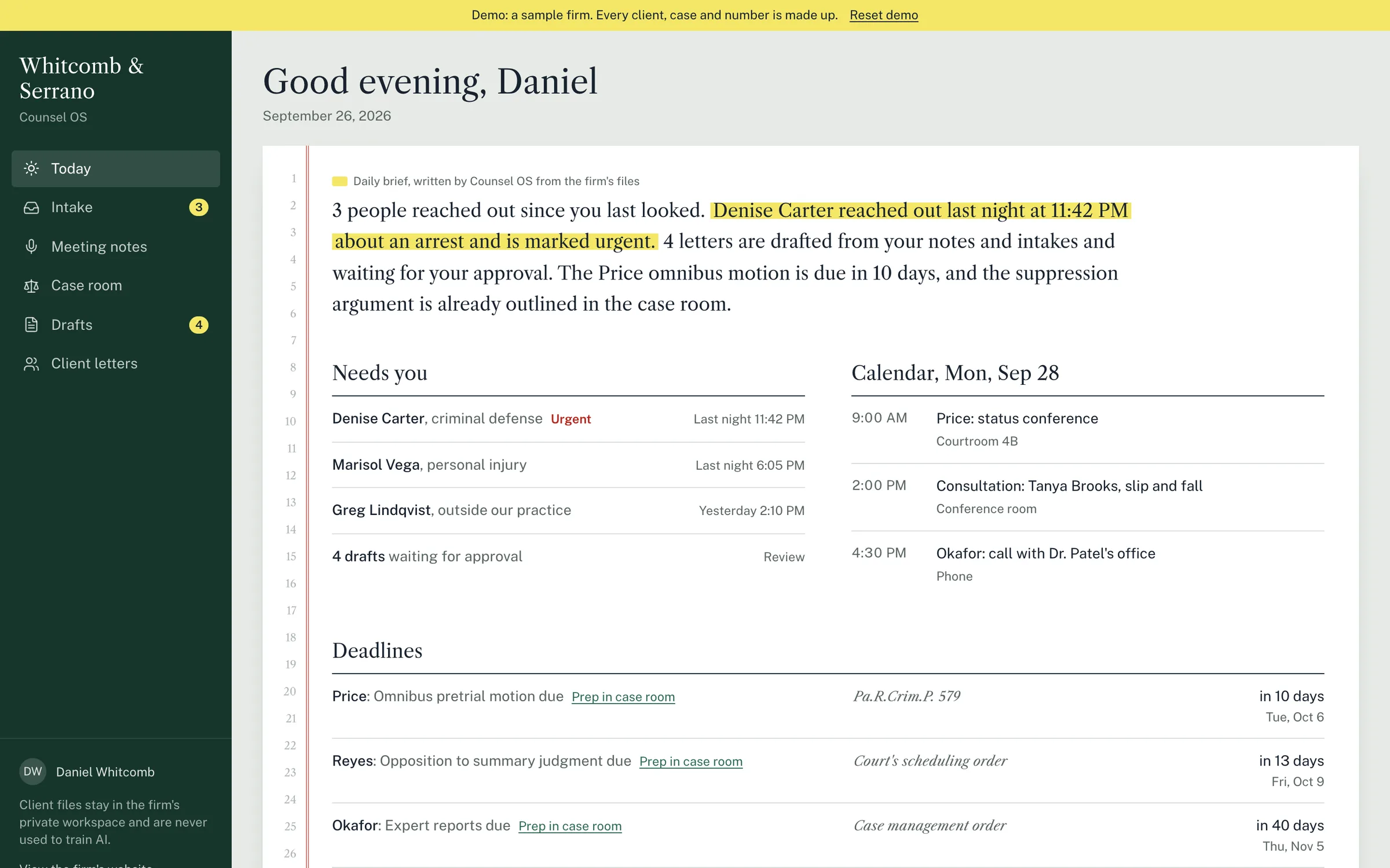 Counsel OS dashboard built by MotorAI, law firm